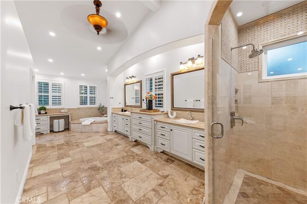 Bathroom, Dual Sink Vanities, Glass Shower, Interior, Recessed Lighting