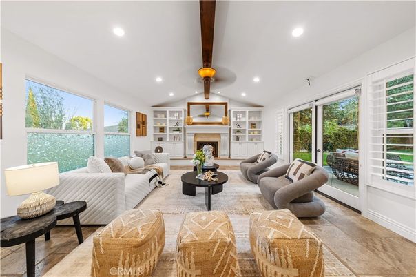 Fireplace, Interior, Living room, Recessed Lighting, Wooden Beams