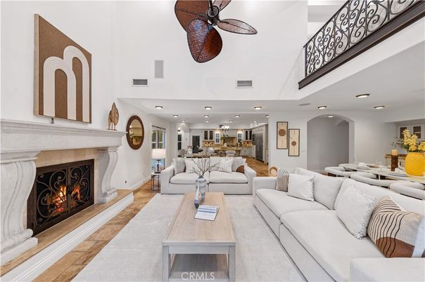 Dining room, Fireplace, Interior, Kitchen, Living room, Recessed Lighting, Wood Texture Flooring