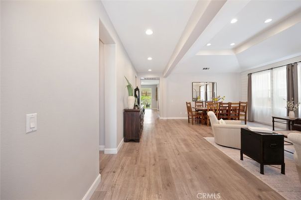 Dining room, Interior, Living room, Recessed Lighting, Wood Texture Flooring