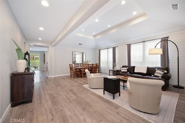 Dining room, Interior, Living room, Recessed Lighting, Wood Texture Flooring