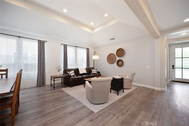 Dining room, Interior, Living room, Recessed Lighting, Wood Texture Flooring