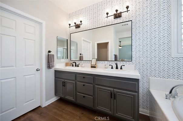 Bathroom, Dual Sink Vanities, Interior, Tile Countertops, Wood Texture Flooring