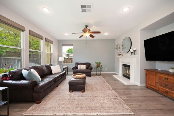 Fireplace, Interior, Living room, Recessed Lighting, Wood Texture Flooring