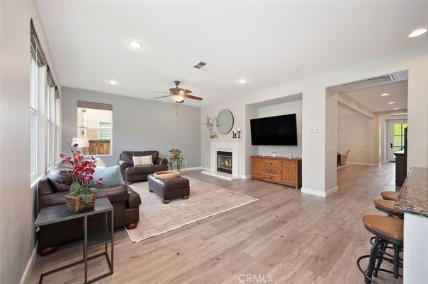 Fireplace, Interior, Living room, Recessed Lighting, Wood Texture Flooring