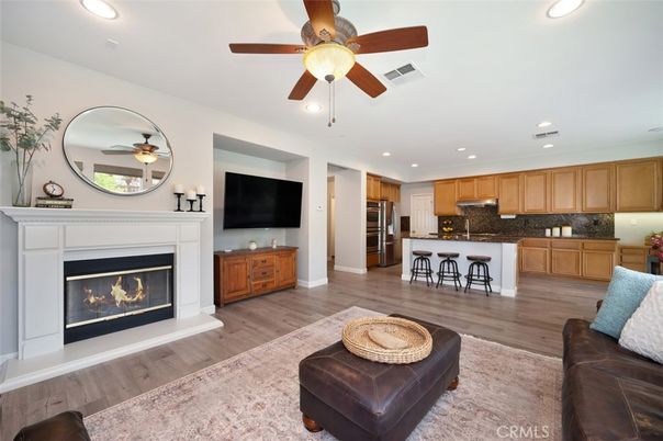 Fireplace, Interior, Kitchen, Living room, Recessed Lighting, Wood Texture Flooring