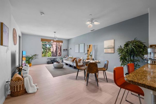 Dining room, Interior, Living room, Pendant Lights, Wood Texture Flooring