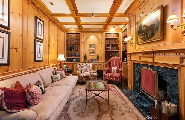 Fireplace, Interior, Living room, Recessed Lighting, Wooden Beams, Wooden Walls