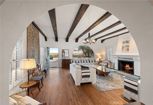 Chandelier, Fireplace, Interior, Living room, Wooden Beams, Wood Texture Flooring