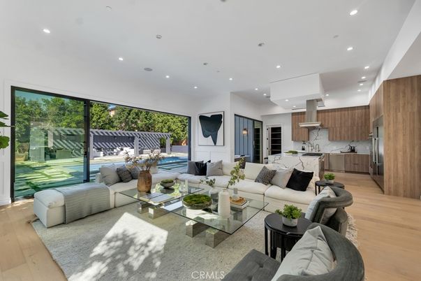 Interior, Kitchen, Living room, Marble Walls, Recessed Lighting, Wood Texture Flooring