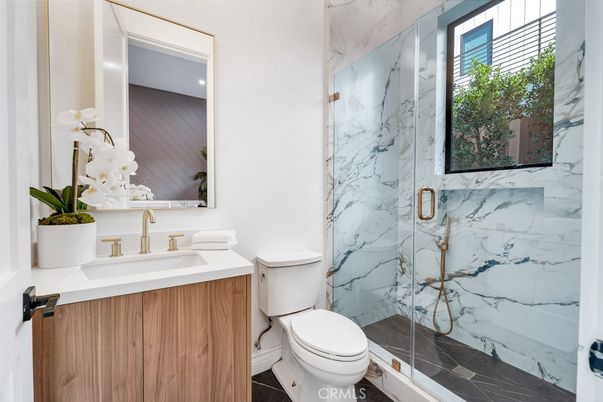 Bathroom, Glass Shower, Interior, Marble Walls, Recessed Lighting