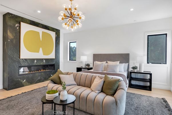 Bedroom, Fireplace, Interior, Living room, Pendant Lights, Recessed Lighting, Wood Texture Flooring