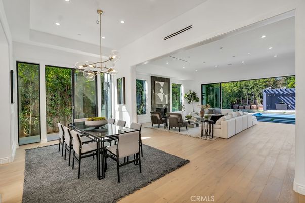 Dining room, Interior, Living room, Pendant Lights, Recessed Lighting, Wood Texture Flooring