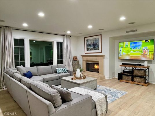 Fireplace, Interior, Living room, Recessed Lighting, Wood Texture Flooring