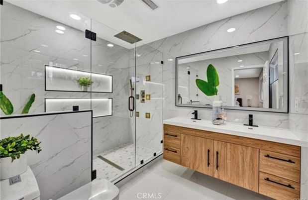 Bathroom, Dual Sink Vanities, Glass Shower, Interior, Marble Walls, Recessed Lighting