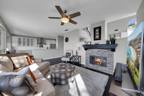 Fireplace, Interior, Kitchen, Living room, Recessed Lighting, Wood Texture Flooring