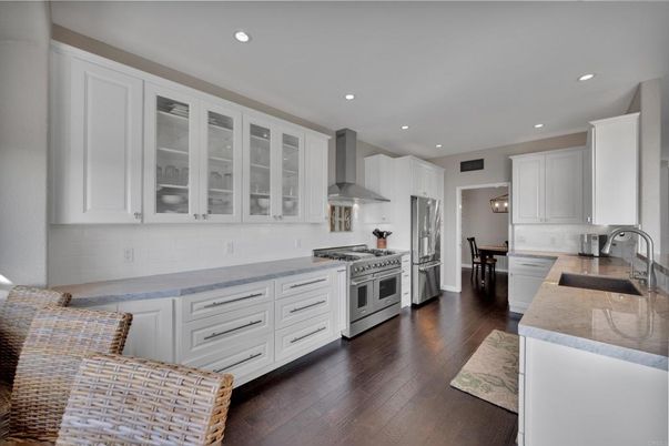 Dining room, Interior, Kitchen, Recessed Lighting, Stainless Steel Appliances, Wood Texture Flooring
