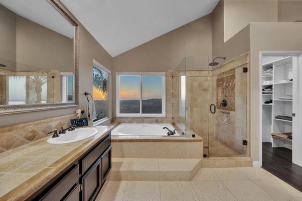 Bathroom, Dual Sink Vanities, Glass Shower, Interior, Tile Countertops