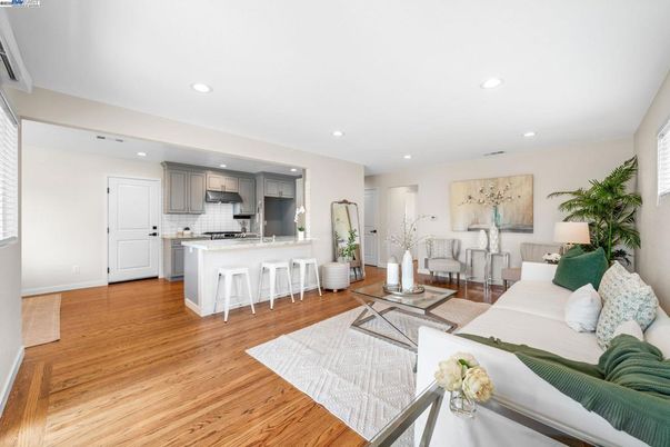 Interior, Kitchen, Living room, Recessed Lighting, Stainless Steel Appliances, Wood Texture Flooring