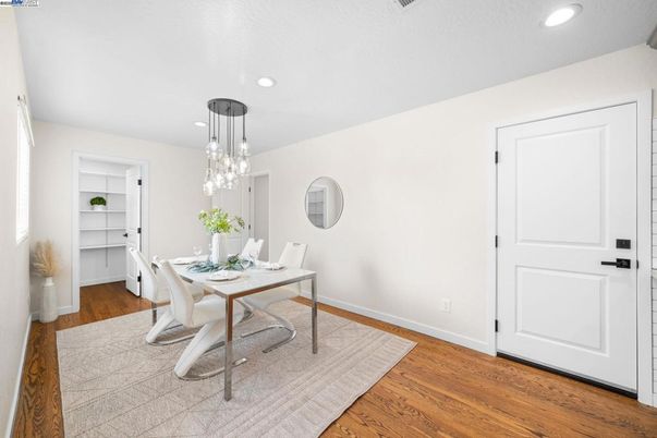 Dining room, Interior, Pendant Lights, Recessed Lighting, Wood Texture Flooring