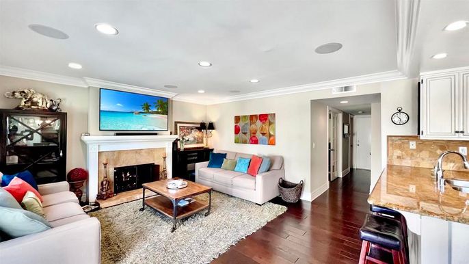 Fireplace, Interior, Living room, Recessed Lighting, Wood Texture Flooring