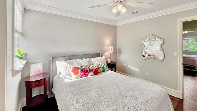 Bedroom, Interior, Recessed Lighting, Wood Texture Flooring