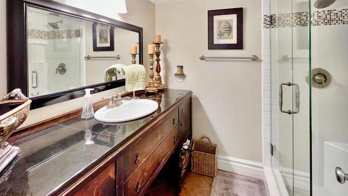 Bathroom, Glass Shower, Interior, Wood Texture Flooring