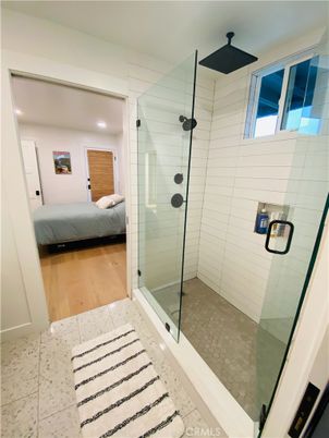 Bathroom, Bedroom, Glass Shower, Interior, Recessed Lighting, Wood Texture Flooring