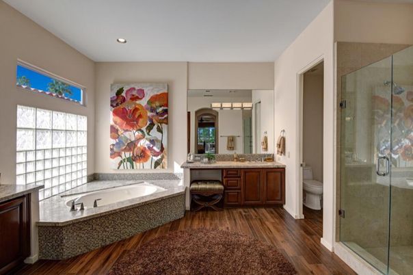 Bathroom, Dual Sink Vanities, Glass Shower, Interior, Recessed Lighting, Wood Texture Flooring