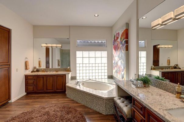 Bathroom, Dual Sink Vanities, Interior, Recessed Lighting, Wood Texture Flooring