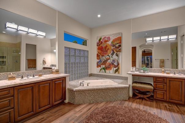 Bathroom, Dual Sink Vanities, Interior, Recessed Lighting, Wood Texture Flooring