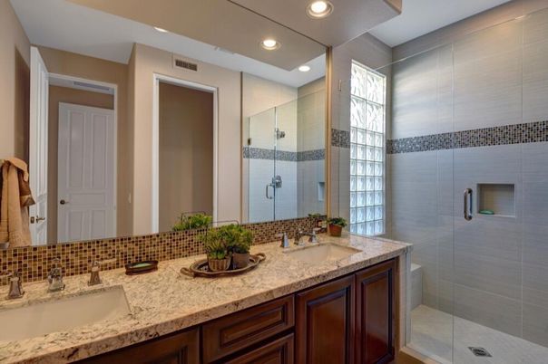Bathroom, Dual Sink Vanities, Glass Shower, Interior, Recessed Lighting