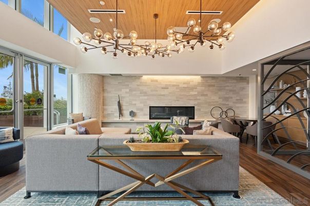 Dining room, Fireplace, Interior, Living room, Pendant Lights, Stone Walls, Wooden Ceilings, Wood Texture Flooring