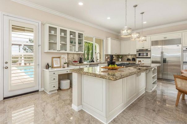 Interior, Kitchen, Marble, Pendant Lights, Recessed Lighting, Stainless Steel Appliances