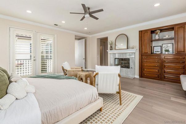 Bedroom, Fireplace, Interior, Recessed Lighting, Wood Texture Flooring