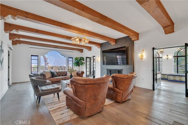 Chandelier, Interior, Living room, Wooden Beams, Wood Texture Flooring