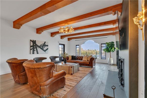 Chandelier, Fireplace, Interior, Living room, Wooden Beams, Wood Texture Flooring