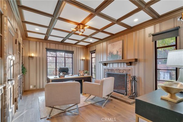 Fireplace, Home Office, Interior, Recessed Lighting, Wooden Beams, Wood Texture Flooring, Wooden Walls