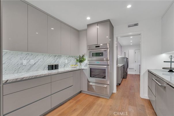 Interior, Kitchen, Recessed Lighting, Stainless Steel Appliances, Wood Texture Flooring