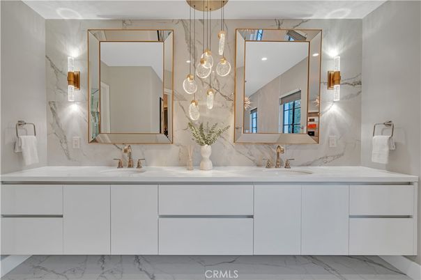 Bathroom, Dual Sink Vanities, Interior, Marble, Marble Walls, Pendant Lights