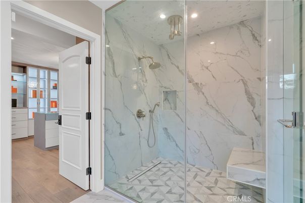 Bathroom, Glass Shower, Interior, Marble Walls, Recessed Lighting, Wood Texture Flooring