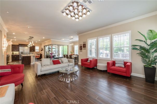 Dining room, Interior, Kitchen, Living room, Pendant Lights, Recessed Lighting, Stainless Steel Appliances, Wood Texture Flooring