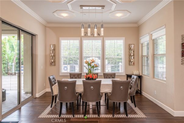 Dining room, Interior, Pendant Lights, Recessed Lighting, Wood Texture Flooring