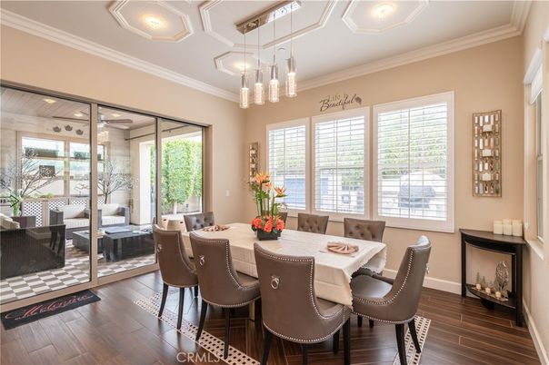 Dining room, Interior, Pendant Lights, Recessed Lighting, Wood Texture Flooring
