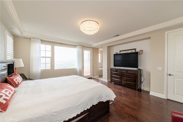 Bedroom, Chandelier, Interior, Wood Texture Flooring