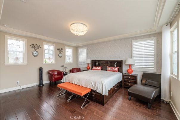 Bedroom, Chandelier, Interior, Wood Texture Flooring