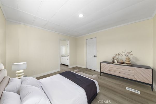 Bedroom, Interior, Recessed Lighting, Wood Texture Flooring