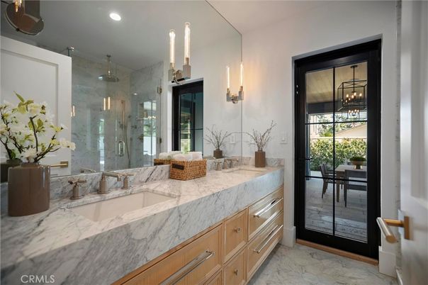 Bathroom, Dual Sink Vanities, Glass Shower, Interior, Marble, Recessed Lighting