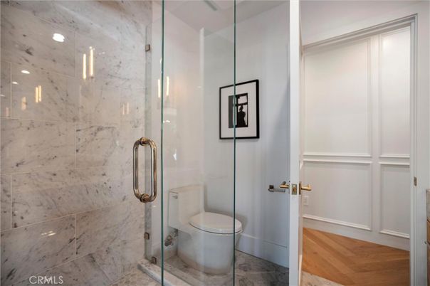 Bathroom, Glass Shower, Interior, Marble Walls, Recessed Lighting, Wood Texture Flooring