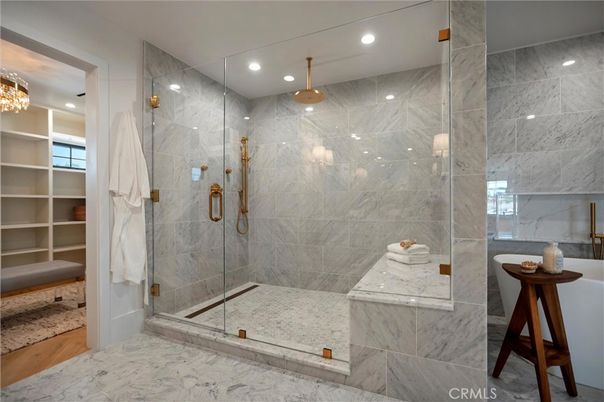Bathroom, Glass Shower, Interior, Marble Walls, Recessed Lighting, Wood Texture Flooring
